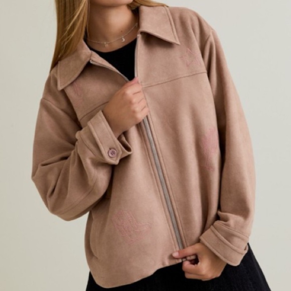 Le Lis Boutique Suede Jacket with Western Stitch Details-Tan & Pink Size Medium - Picture 8 of 11